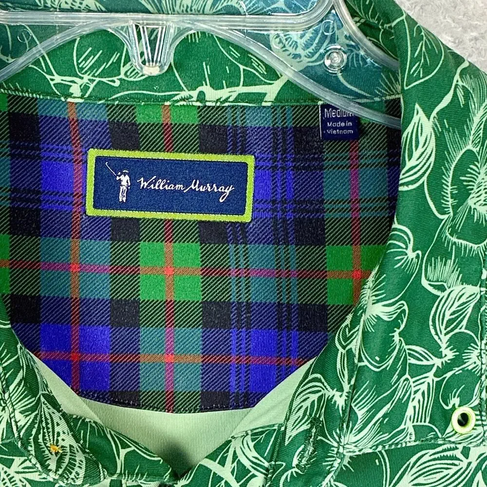 William Murray Polo Shirt Men M Green Floral AOP Performance Hawaiian Aloha Golf